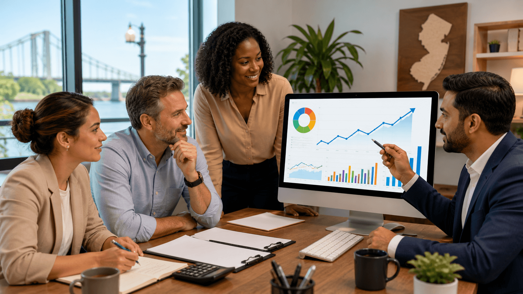 Glowing search bar and analytics charts over a dark blue city skyline with gold accents.